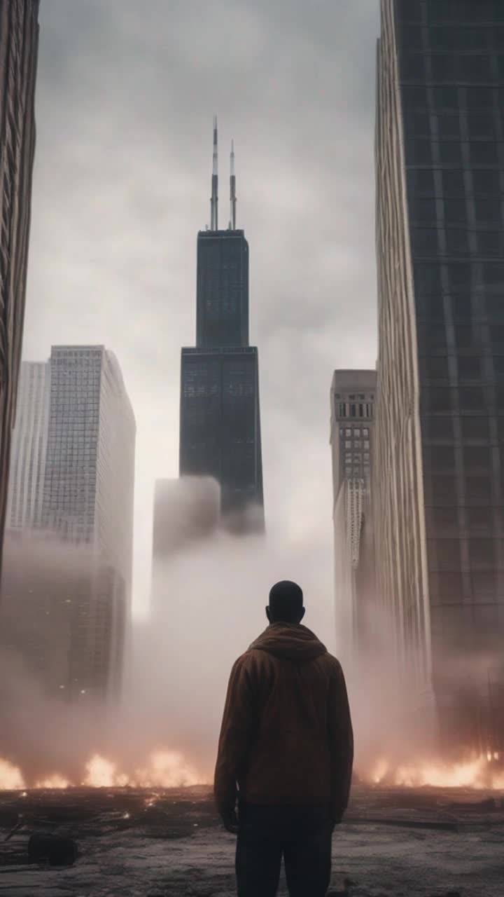 A giant human as tall as the Sears Tower in Chicago standing next to the Sears Tower in Chicago in the apocalypse with explosions and fog, hyperdetailed, detailed 