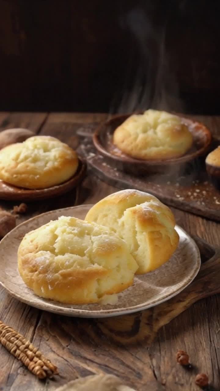 Golden potato vibrant with earthy textures transforms magically into a fluffy biscuit Warm steam rising envelops the scene as light dances off freshly baked pastries in a cozy kitchen Rustic wooden table adorned with flour and scattered ingredients inviting a sense of homebaked comfort