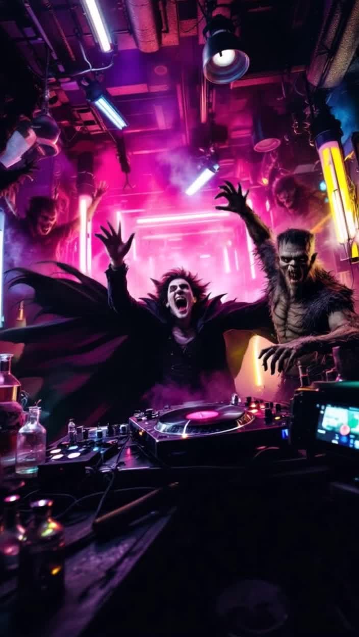Count Dracula with flowing cape Wolfman sporting fur and fangs Frankensteins creature with stitched skin swaying delightfully under neon lights DJ mad scientist with wild hair mixing tracks at a turntable Actionpacked dance moves rock and twist as the monsters groove in unison to the infectious rhythm of Monster MASH Eerie laboratory filled with bubbling potions glowing beakers flickering fluorescent tubes creating a vibrant and spooky atmosphere