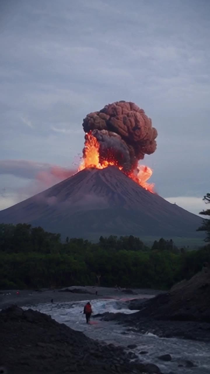 Tropical island explorers flee for their lives, crackling earth beneath, mountainous volcano in background, spewing volcanic ash and lava into the air, suspenseful atmosphere, whirling winds and crashing tree branches, 4k high resolution, panning zoom out motion,  1080 pixels, description by csherriereevoices 