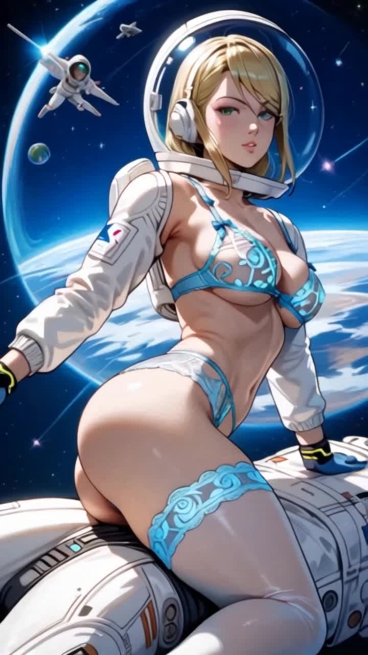 a beautiful woman sitting on a satellite as it Flys through outerspace orbiting the globe, fast motion camera locked on female subject,jiggling chest, holding on tightly 