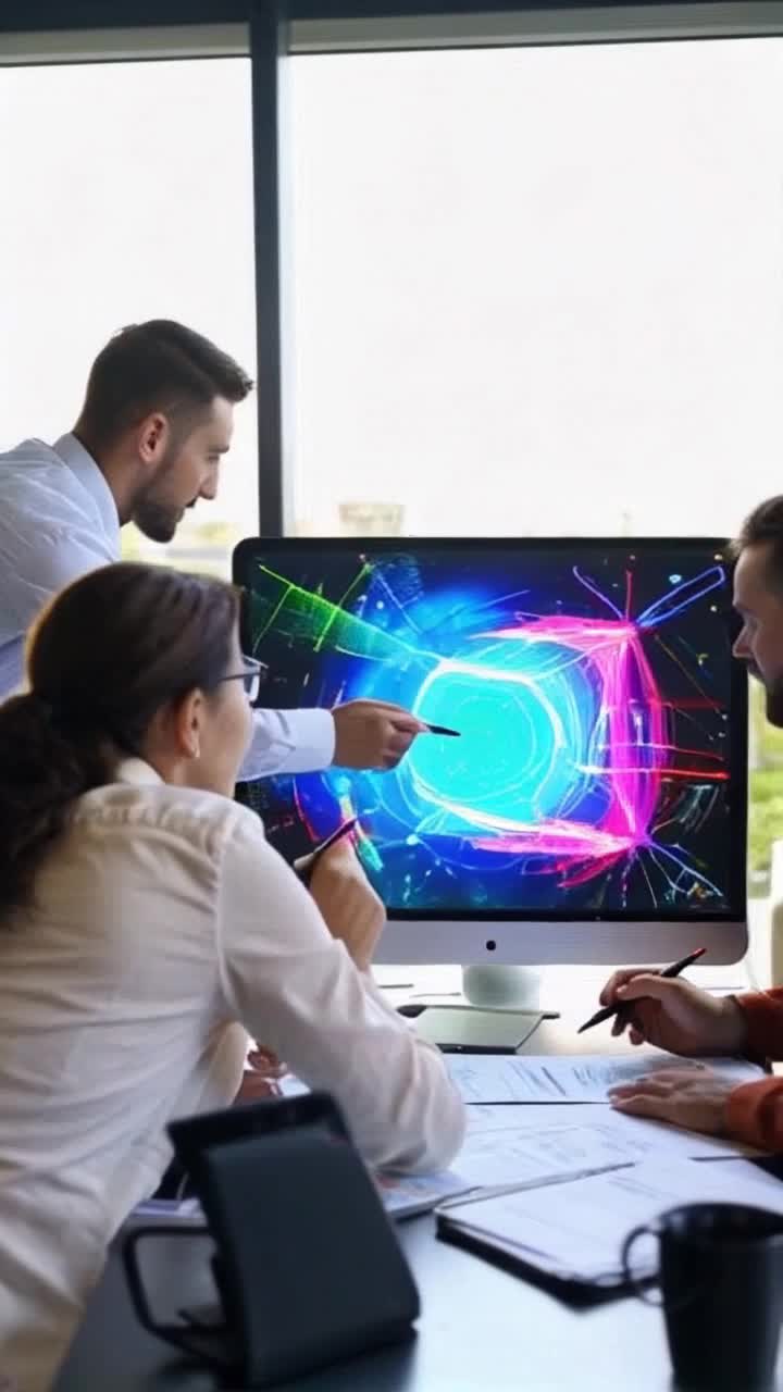 Dynamic team of creative professionals brainstorming Ideas flowing like vibrant colors on a digital canvas Engaging visuals and animations highlighting innovative concepts across sleek modern workspace infused with natural light