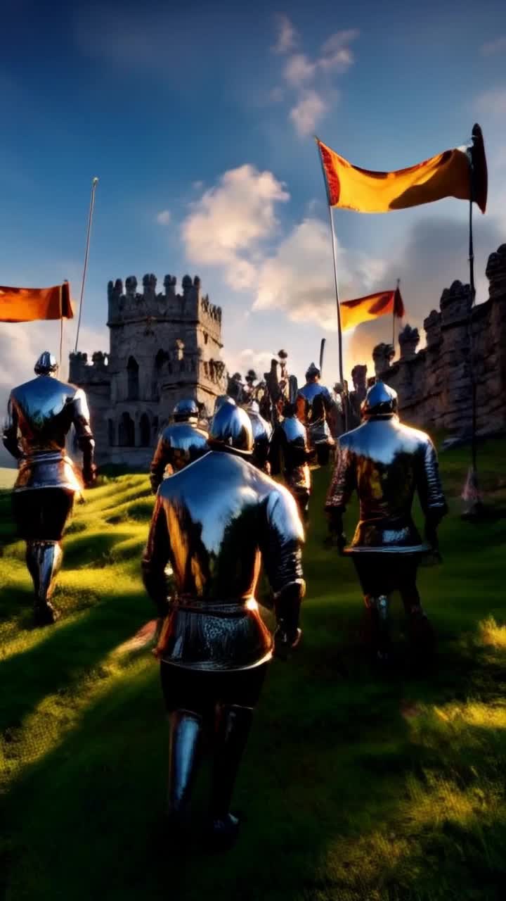 Courageous knights adorned in shimmering armor stride confidently from a grand stone castle swords raised high fierce determination shining in their eyes resolute guardians of majesty ascending against lush green hills rich with golden sunlight vibrant banners fluttering energetically in the warm breeze soft clouds drifting serenely in an expansive azure sky enhancing the moment with an air of suspense golden rays of sunlight sinking low creating dramatic shadows on ancient walls whispering tales of valor igniting a palpable sense of anticipation among watchful sentinels poised for glory