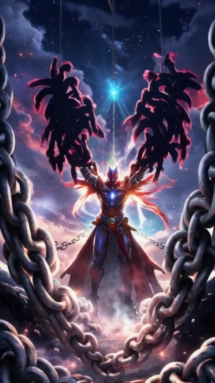 Heroic figure wielding energy radiating vibrant colors faces formidable shadows representing fate itself Surging forward with determination breaking chains of generational curses encircling his body Surrounding him a stunning anime landscape with swirling clouds ethereal lights illuminating his path showcasing an epic showdown between light and darkness
