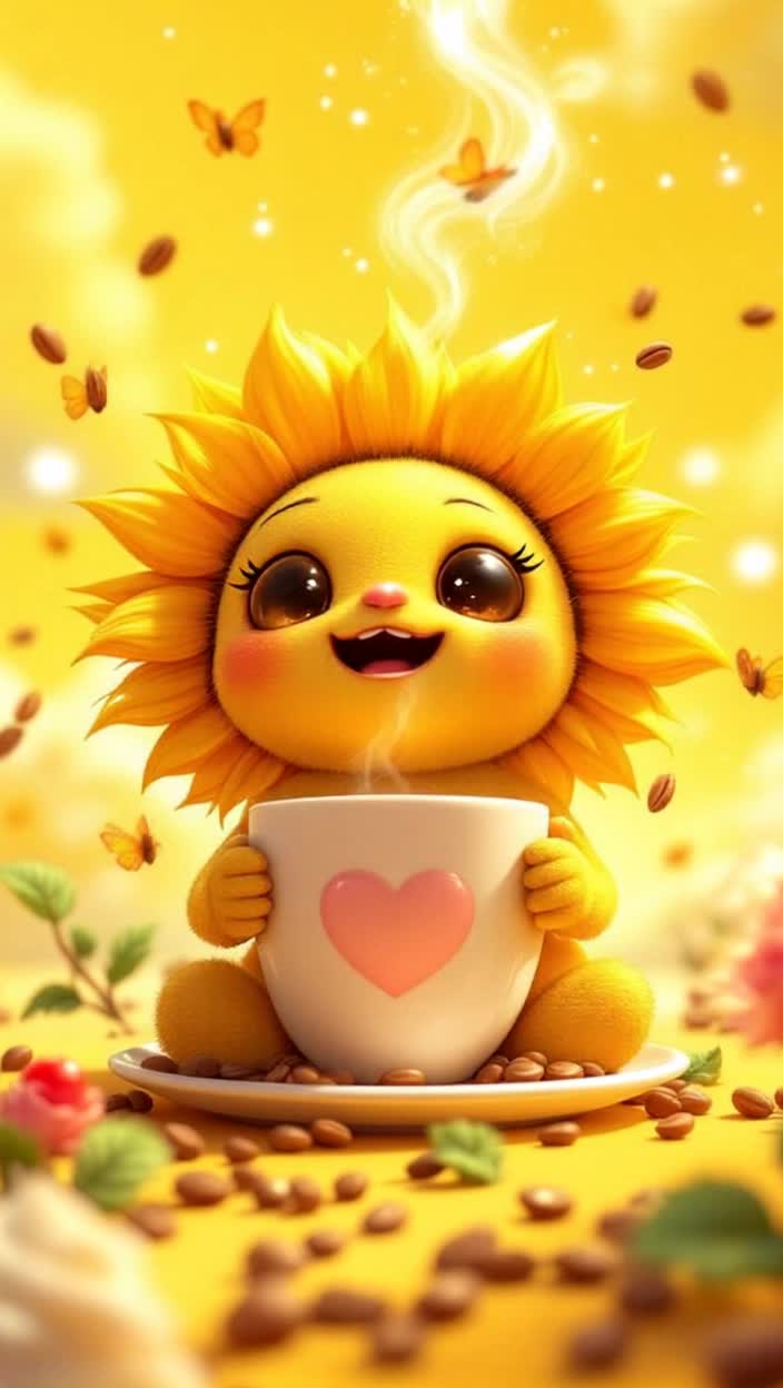 Create an ultradetailed, heartbreakingly cute digital illustration in the style of sweet coffee aesthetics with a Ukrainian vibeMain character A chubby cartoon SunflowerCoffee Lover sits in a bright yellow sky, like something out of a childrens coloring book It has huge sparkling bellshaped eyes, a smile that shines like 1000 LED lights, and thin raylike armsKey moment It takes a sip from a large white cup with a pink heart and grimaces comically Ouch, its hot But delicious One ray playfully scratches its nose from the steamCharming details The steam is a whirlwind of winged coffee beans with halos Wrapped candy butterflies fly around The clouds are whipped cream with a cherry on topStyle Pastel colors, maximum detail, kawaii to the max Objects in the style of Studio Ghibli soft light, fairytale physics The mood is like a scene from a good Ukrainian cartoon warm, fun, cozy High resolution, cinematic lighting, light bokehFinal vibe Drinks Giggles Glows ar 34 v 6 style raw q 2 chaos 10 stylize 600Translated with DeepLcom free version
