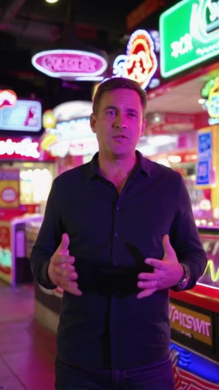 Man with a concerned expression delivering a passionate speech Gesturing emphatically to emphasize his point Bright neonlit diner filled with colorful fast food signs and graphics enticing unhealthy options vibrant atmosphere contrasting with his message
