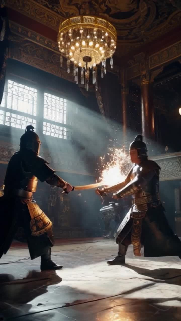 Two fierce samurais clad in intricate armor locked in a breathtaking struggle energy radiating from their swords sparks flying in electrifying bursts luminous chaos enveloping their duel. Brilliant beams of light collide with shadowy tendrils illuminating the ornate Venetian chandeliers above casting dancing reflections on marble surfaces below. Tension crackles in the air as each powerful strike reverberates through the grand hall filled with opulent decor and swirling mist creating an otherworldly atmosphere where honor battles chaos in a stunning display of artistry and might