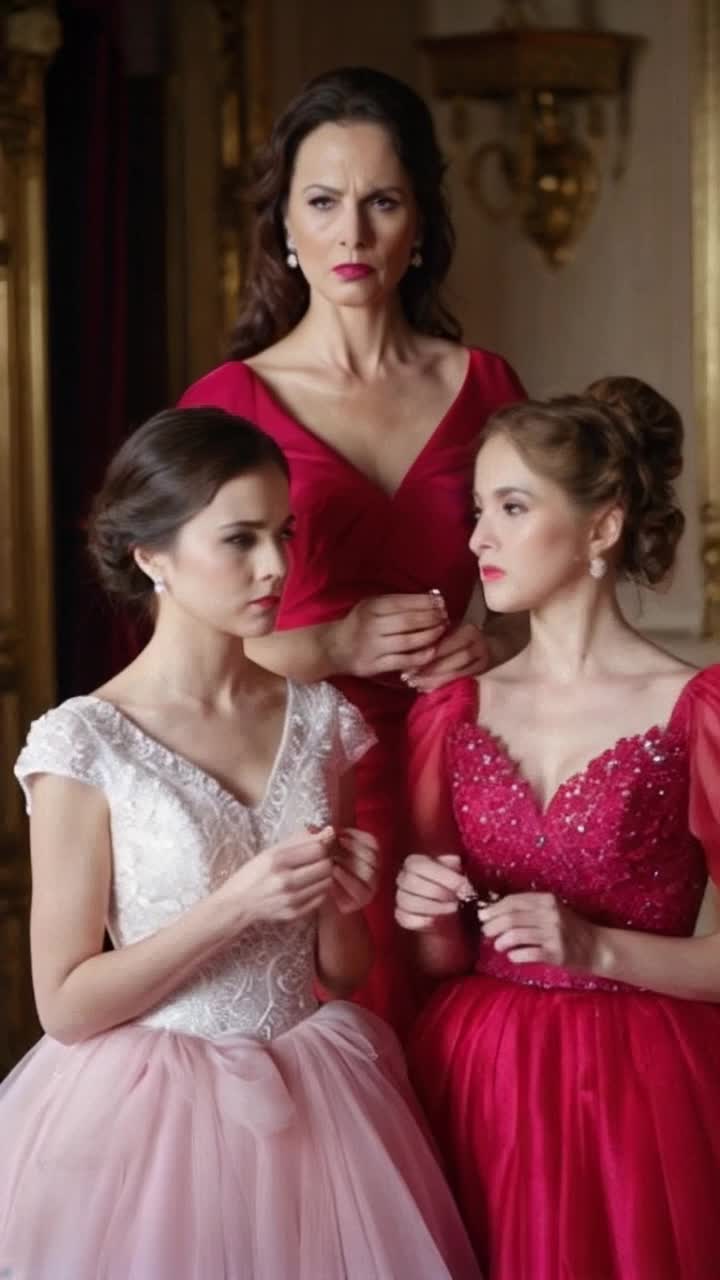 Elegant stepmother with a stern expression two playful stepsisters in bright gowns unraveling her past shadows of jealousy etched on her face filled with anguish and twisted desires whispers echo through a grand ballroom filled with dazzling chandeliers and opulent decorations darkened corners hint at deepseated insecurities and heartache swirling fog that reveals glimpses of the stepmothers tragic backstory each flutter of her gown reflecting a darker side where madness drowns the light revealing how even the most graceful can be consumed by bitterness