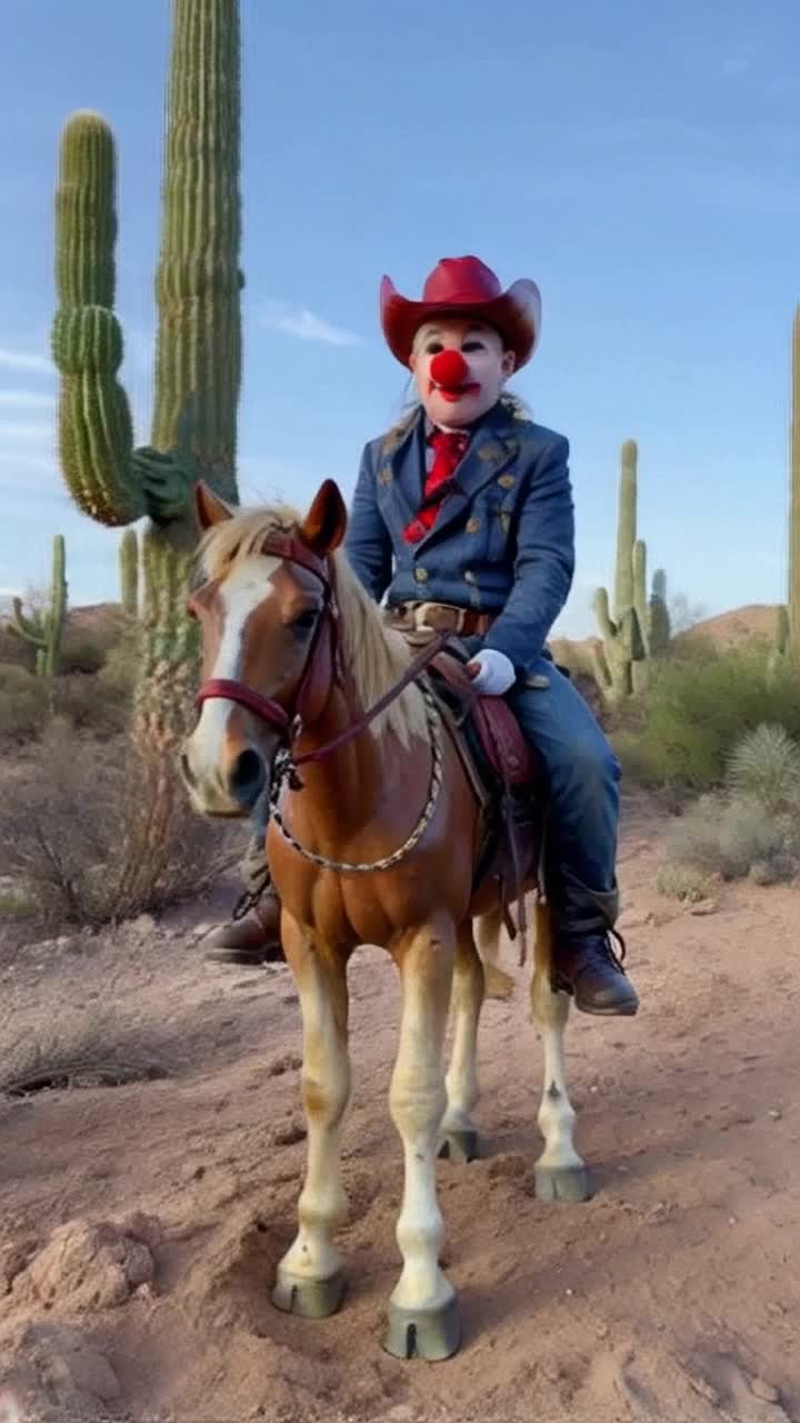 A clown in a cowboy costume with a red nose, riding a toy wooden horse, rides among the cacti in the desert Hyperdetailed, visually appealing and emotionally psychodynamic image of a clown