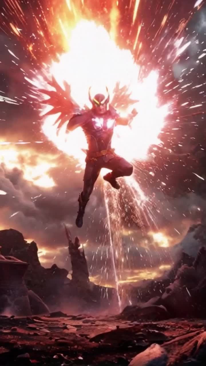 Heroic figure radiating energy with intense focus launching into fierce leap unleashing powerful waves of vibrant colors creating shockwaves through shimmering air overwhelming foes in a tumultuous storm of chaos swirling debris and echoes of impact in a dynamic battlefield backdrop filled with swirling clouds lightning flashes illuminating a scene of epic conflict and struggle
