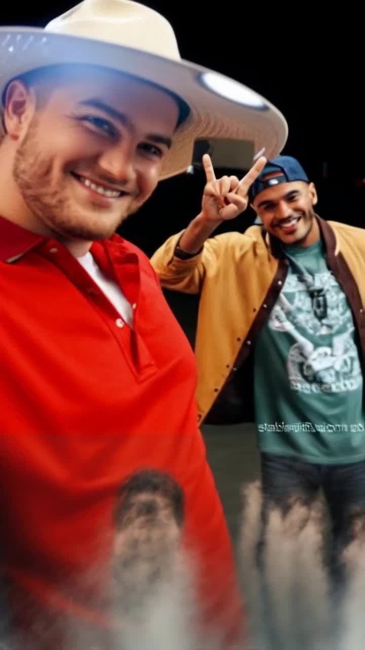 a close up of two men smiling at the camera, one wearing a hat and one doing a hand gesture, style of a photograph, perfect composition