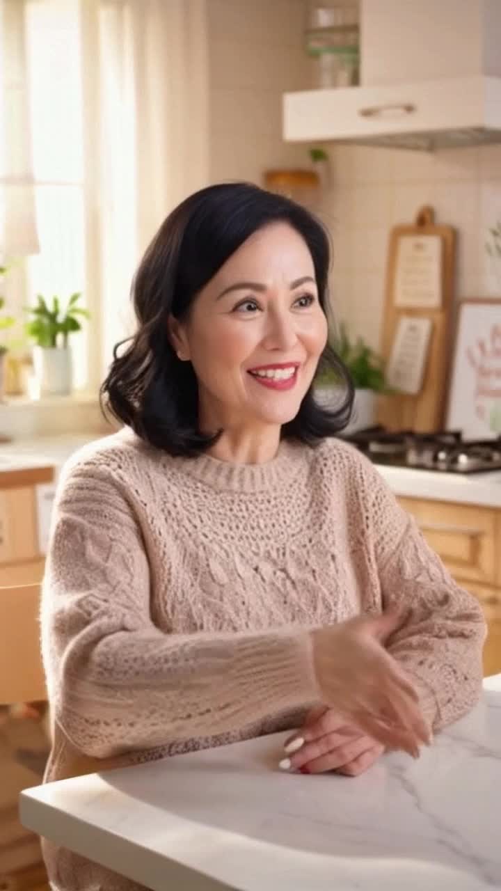 Cartoon woman in her forties with glossy black hair wearing a cozy sweater sitting at a bright kitchen table Joyful expression as she animatedly discusses her morning revelation gesturing with her hands Soft sunlight streams through a window illuminating a warm and inviting kitchen filled with colorful plants and friendly artwork Heartfelt quotes about love and appreciation adorn the walls creating an inspiring atmosphere