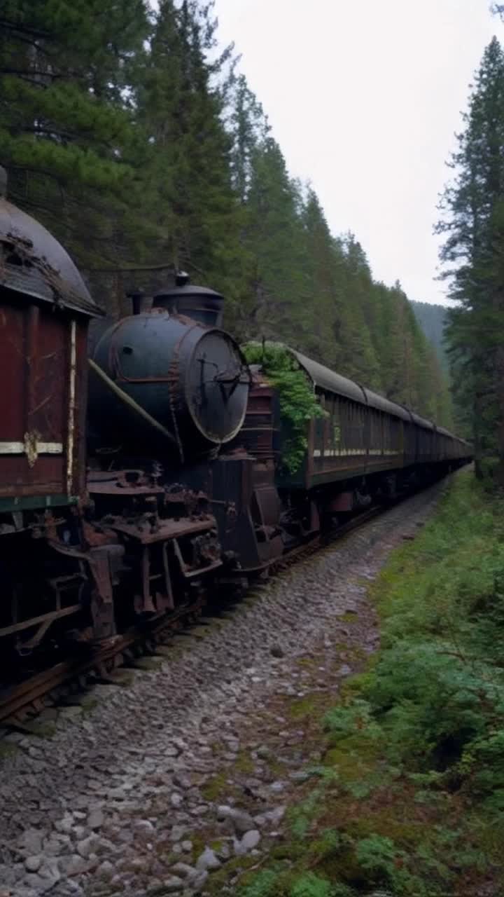 A beautiful and realistically depicted automotic engine of the 1870s with a long train of faded boxcars the train has been abandoned and left to rot rust and fade on the old broken mossy tracks the train is covered in vines and other foliage in a deep dark mysterious thick Northern US forest