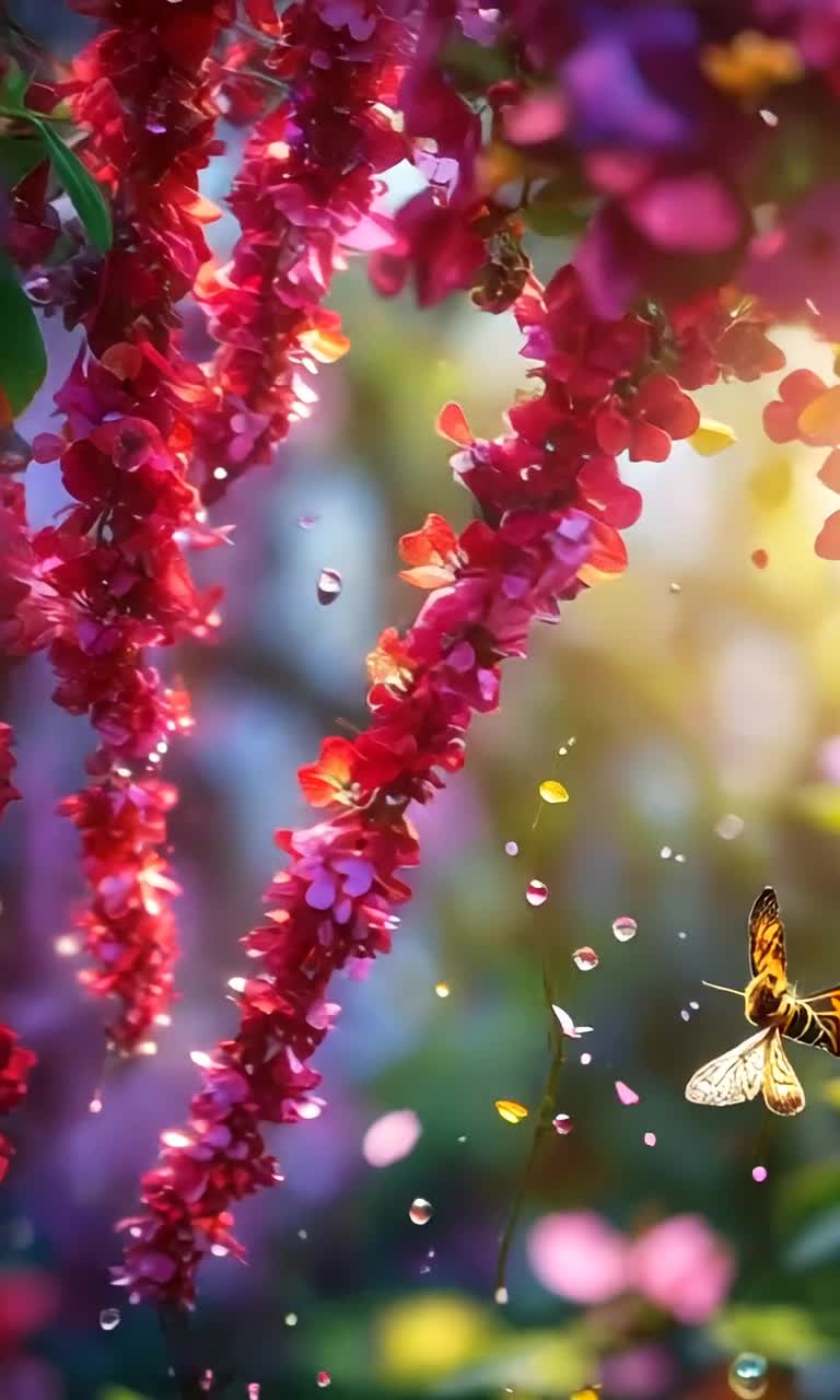 Brilliant blossoms in hues of crimson azure gold and violet dancing gracefully in a soft summer breeze Radiant sunlight filtering through lush green leaves casting playful shadows on vibrant petals while a tranquil garden hums with the gentle buzz of bees fluttering butterflies floating elegantly amidst the fragrant blooms sparkling droplets of dew glistening like tiny jewels on delicate leaves creating a mesmerizing kaleidoscope of color in natures masterpiece