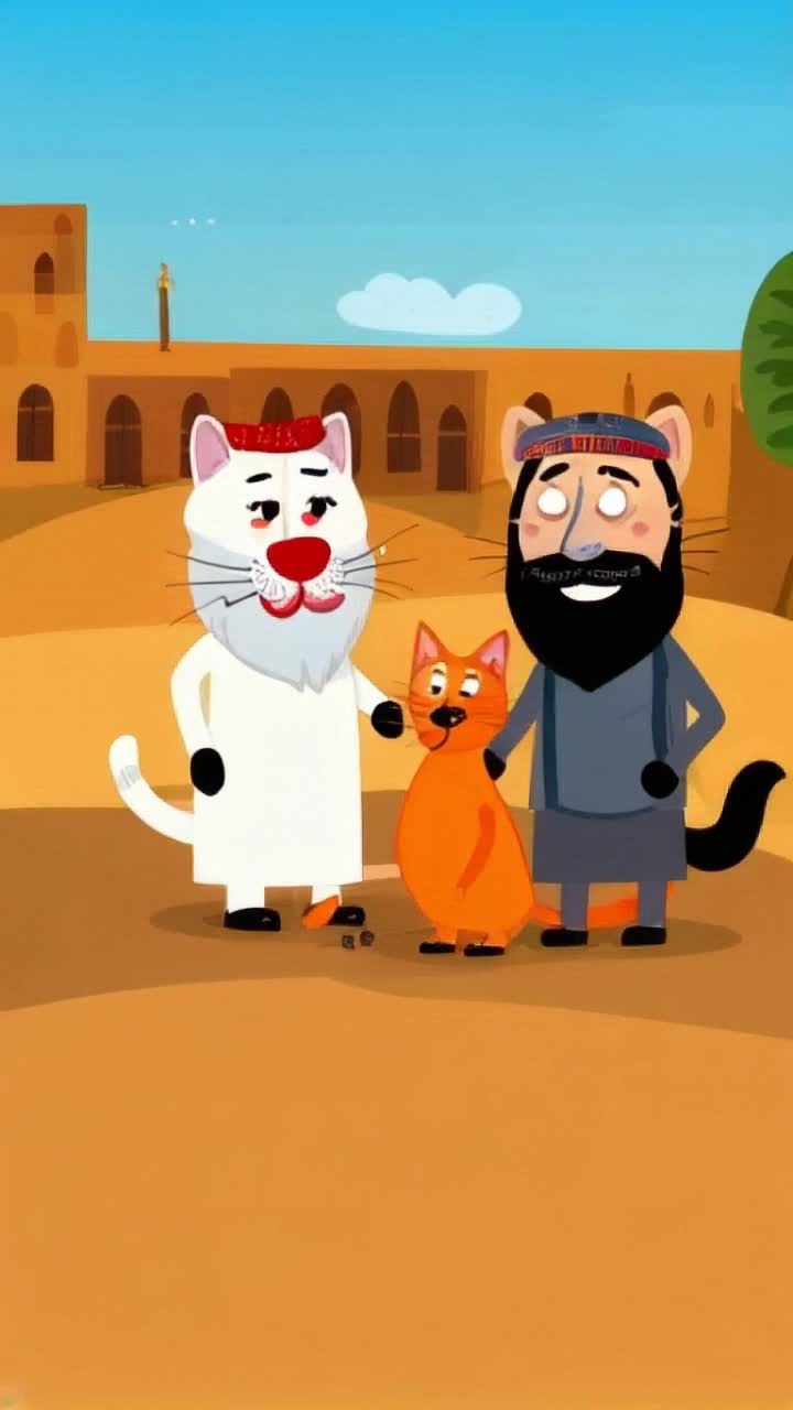 I want the story in Arabic, a story about an orange cat, Jamal, and his friend, Shab What Whiteskinned bearded men searching They work, overcome difficulties and become rich In what Ran Constantine, Algeria with Algerian Andalusian popular music Focus on all the shots The features of the two characters remain the same Always accompanied by the orange cat Jamal and his friend Shab Sho 