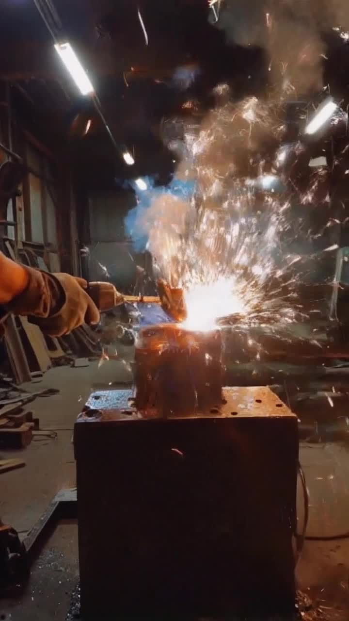 Robust GNI 150A MIG welder sparks brilliance as bright flames erupt from its nozzle showcasing seamless metal fusion Skilled hands delicately maneuver the welding torch creating intricate patterns of molten metal Industrial workshop buzzing with energy surrounded by tools and halfassembled projects under flickering overhead lights Smoke curls and dissipates into the air as sparks dance like fireflies illuminating the workspace