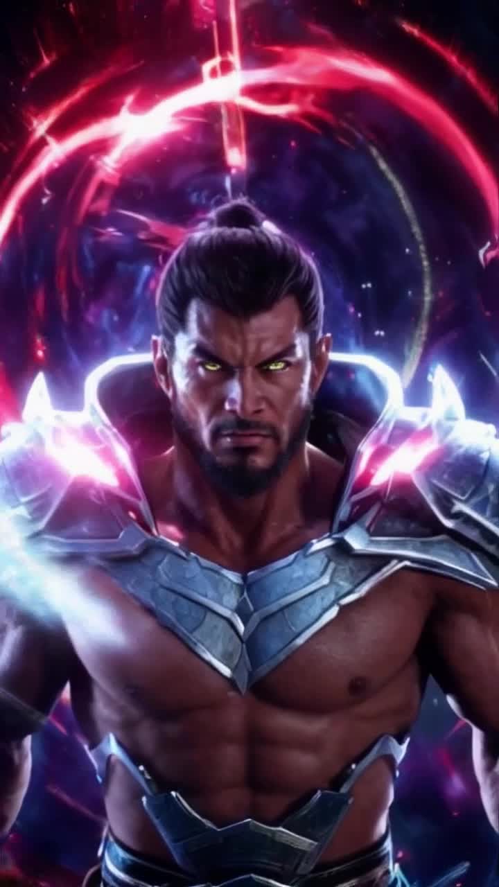 Intense warrior with fierce glare harnesses bold spirit challenging lurking shadows vibrant glitchcore aesthetic envelops scene pulsating neon lights distorted digital patterns swirling around him showcasing unwavering strength