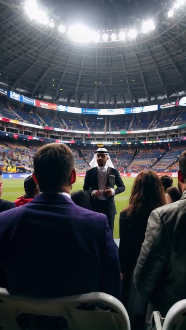 Un jeque elegante con vestimenta rica y joyas brillantes expresa su desdn un grupo de aficionados desconcertados y molestos lamentando la eliminacin de su equipo en un estadio repleto de luces titilantes y colores vibrantes rodeado de banderas ondeando al viento y un ambiente tenso lleno de murmullos mientras la multitud se agita en el fondo