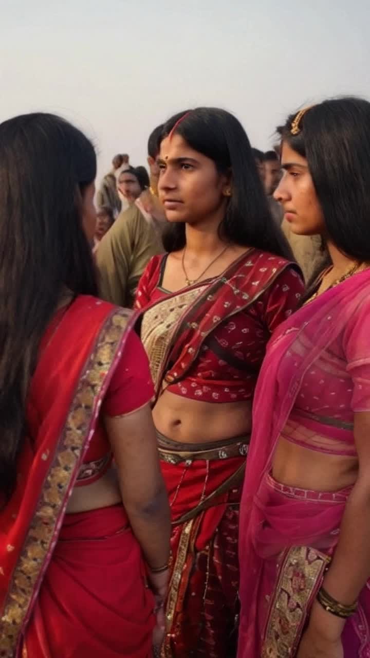 Indian women with saree warriors look at war crowd walking