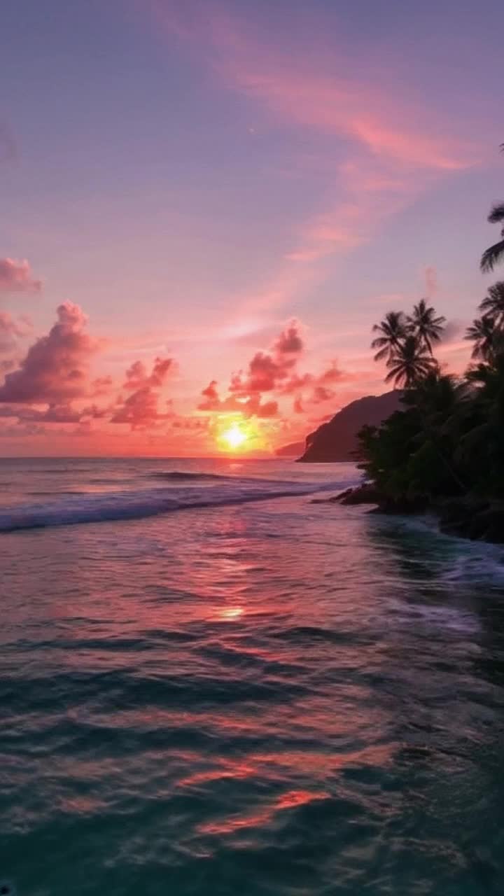 Vibrant golden sun dipping below horizon casting warm hues across tranquil ocean waves sparkling with light Tropical island silhouette outlined by swaying palm trees gently swaying in soft breeze Lush greenery framing sandy shores inviting serenity Hyperdetailed clouds painted in shades of pink orange and purple creating dramatic skies Unique reflections dancing on waters surface enhancing emotional tranquility High resolution capturing every intricate detail of natures beauty as day slips into night