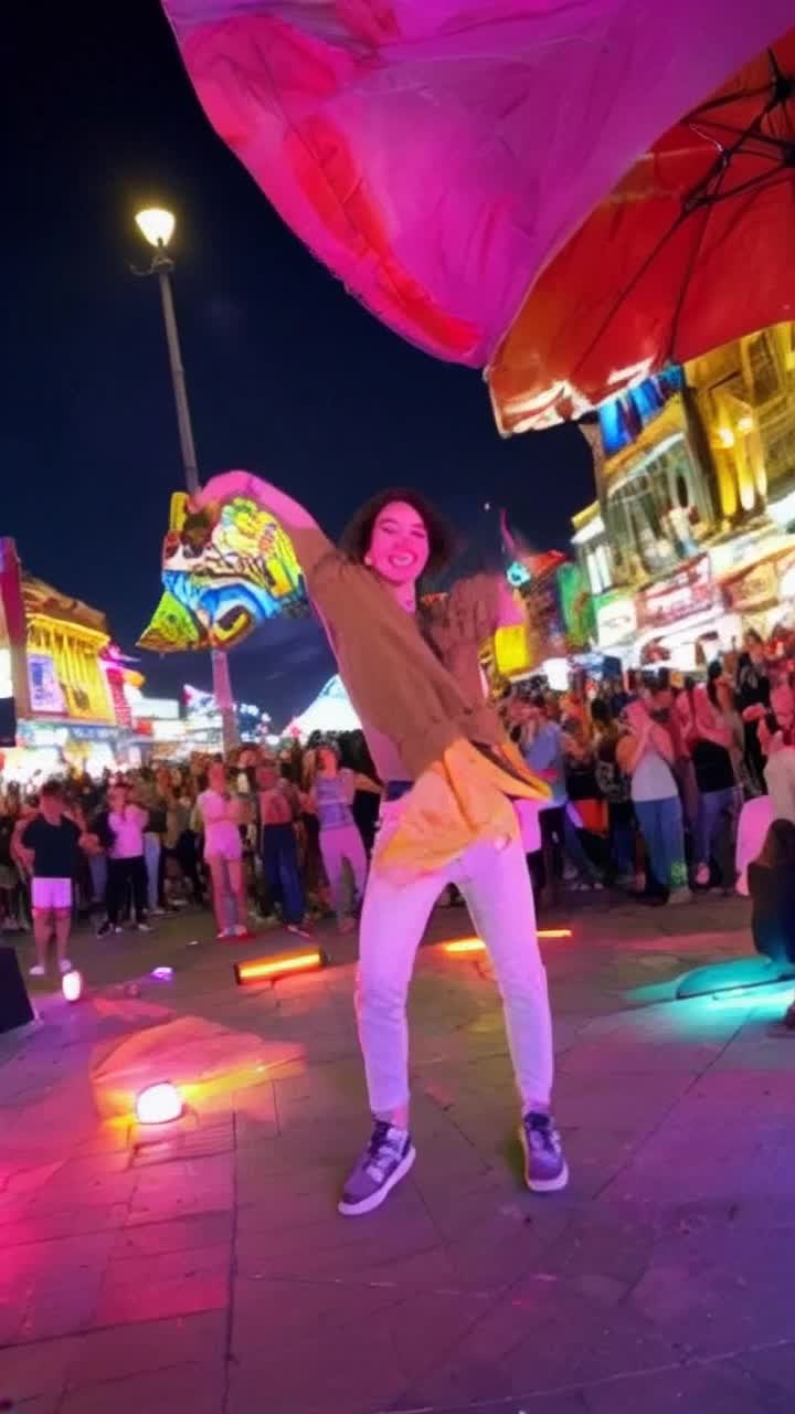 Dynamic influencer showcasing vibrant personality striking poses flashing infectious smiles captivating energy as the camera circles around Action performing fun dance moves creating engaging content while playfully interacting with a diverse crowd of fans enthusiastic cheers fill the air Background bustling cityscape filled with colorful street art shimmering lights at sunset creating an electrifying atmosphere weaving through energetic scenes of laughter and celebration creating an unforgettable reel bursting with creativity