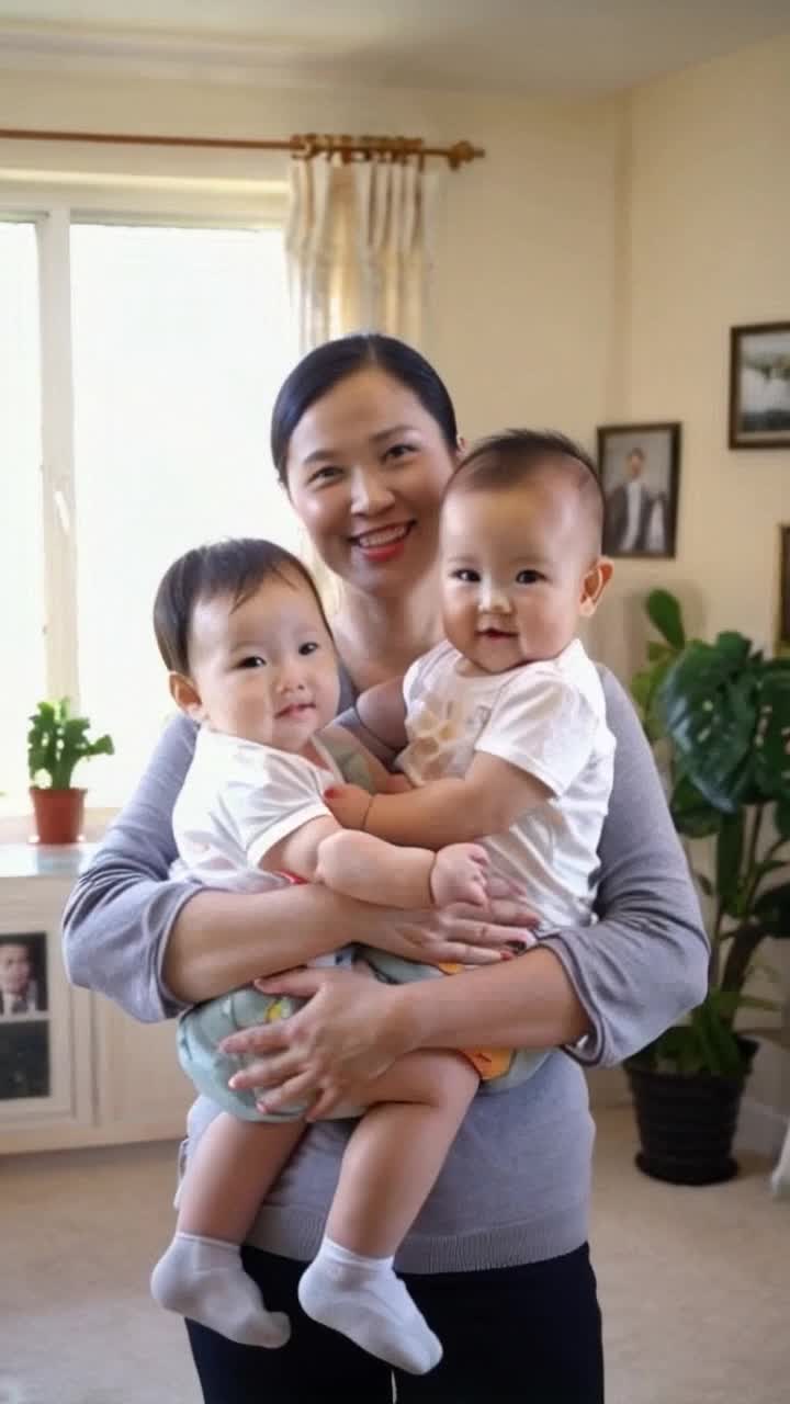 Nurturing figure radiating warmth and love Holding a small child close in a tender embrace Sunlight streaming through a cozy window illuminating soft pastel colors of a serene living room adorned with family photographs and plants