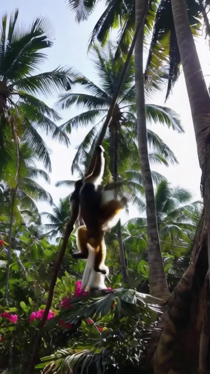 Vibrant monkey with expressive eyes engaged in a fierce showdown against several animated opponents Energetically swinging from branches launching playful taunts at a wildhaired white figure looming nearby Lush tropical jungle filled with towering palm trees vibrant flowers and dappled sunlight filtering through the thick foliage creating an electrifying atmosphere of action and tension