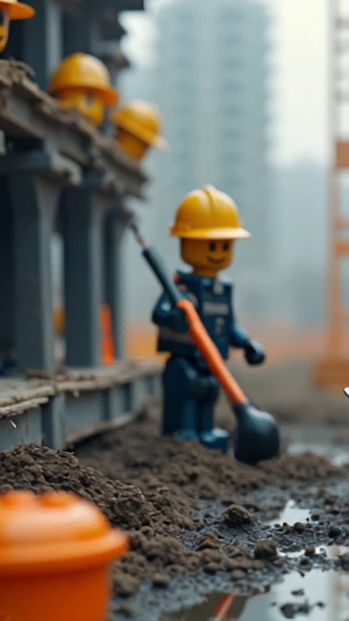 Hardworking leggo workers, in vibrant uniforms and hats, energetically wielding shovels, diligently excavating thick, gloppy mud, an urban setting with towering buildings glistening in the background, streets lined with colorful market stalls, while onlookers watch curiously from sidewalks 