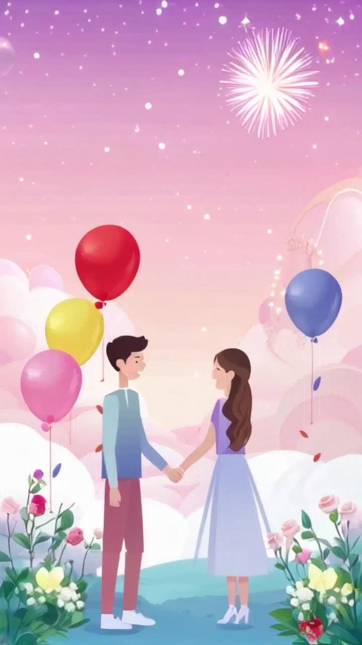 Colorful animated characters representing joyful couple holding hands Share heartfelt messages flowing around them Vibrant balloons floating in a soft pastel sky surrounded by twinkling stars Gentle music playing in the background evoking emotions Warm hues of sunset casting a serene glow as they walk through a blooming garden filled with roses and butterflies Sparkling fireworks lighting up the night sky celebrating love and unity