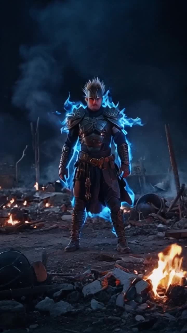 High vibrational warrior bursting into view spiky hair alight with atomic blue energy leaping from blackened shadows of a devastated battlefield scattered debris and remnants of broken armor flickering embers illuminating darkened landscape a haunting wind howling through desolation electrifying atmosphere charged with tension and determination shards of shattered ground erupting beneath powerful ascent fierce resolve etched on warrior's face eyes blazing with unyielding purpose