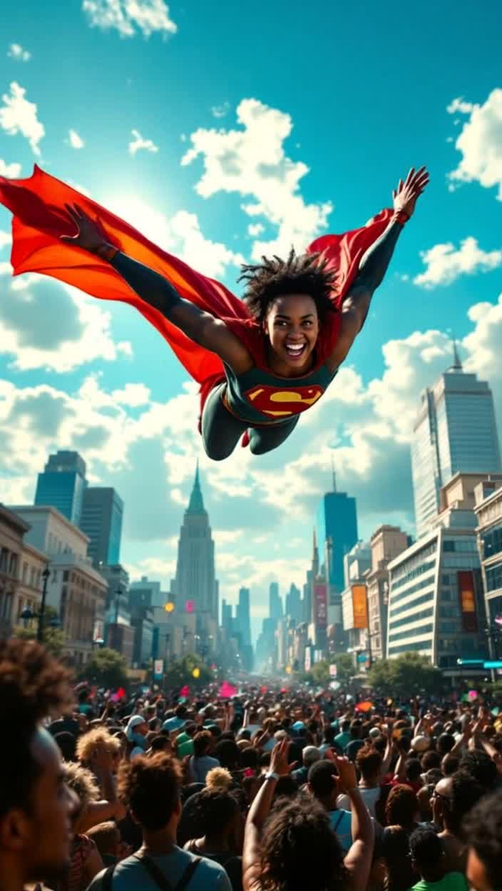 Bold African American superhero gliding effortlessly through bright blue sky vibrant red black green attire billowing in the wind radiating strength confidence soaring over a lively city bustling with people cheering beneath them diverse crowd celebrating unity hope filling the air sunlight catching glimmering buildings creating a dazzling backdrop showcasing culture heritage inspiring awe in onlookers hearts uplifted by their presence