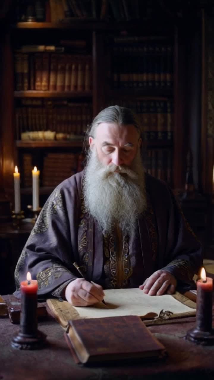 Mystical wise old sage with flowing silver beard and twinkling eyes scribes ancient symbols on parchment rolls Unfolding secrets with graceful hand motions in a dimly lit candlelit chamber surrounded by towering bookshelves filled with leatherbound tomes flickering shadows dancing on the stone walls