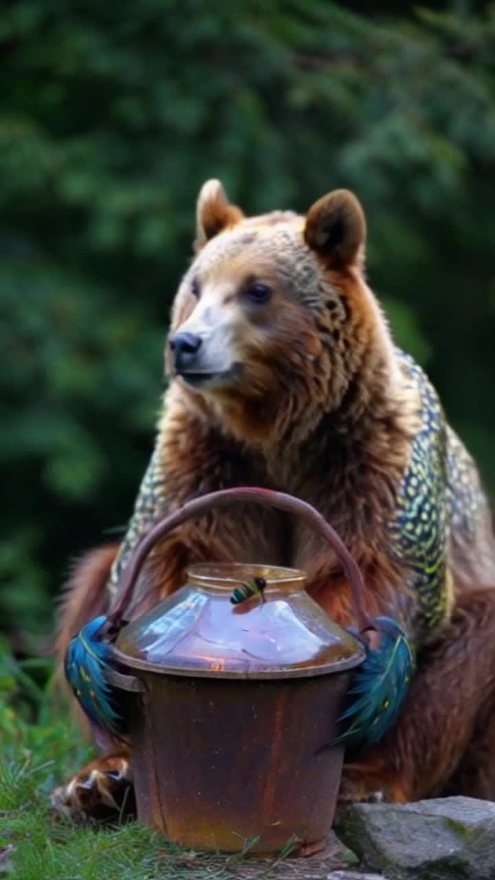 PEAR a bear with peacock feathers peacock skin sitting with honey pot , on the pot sitted a bioluminescent honey bee 