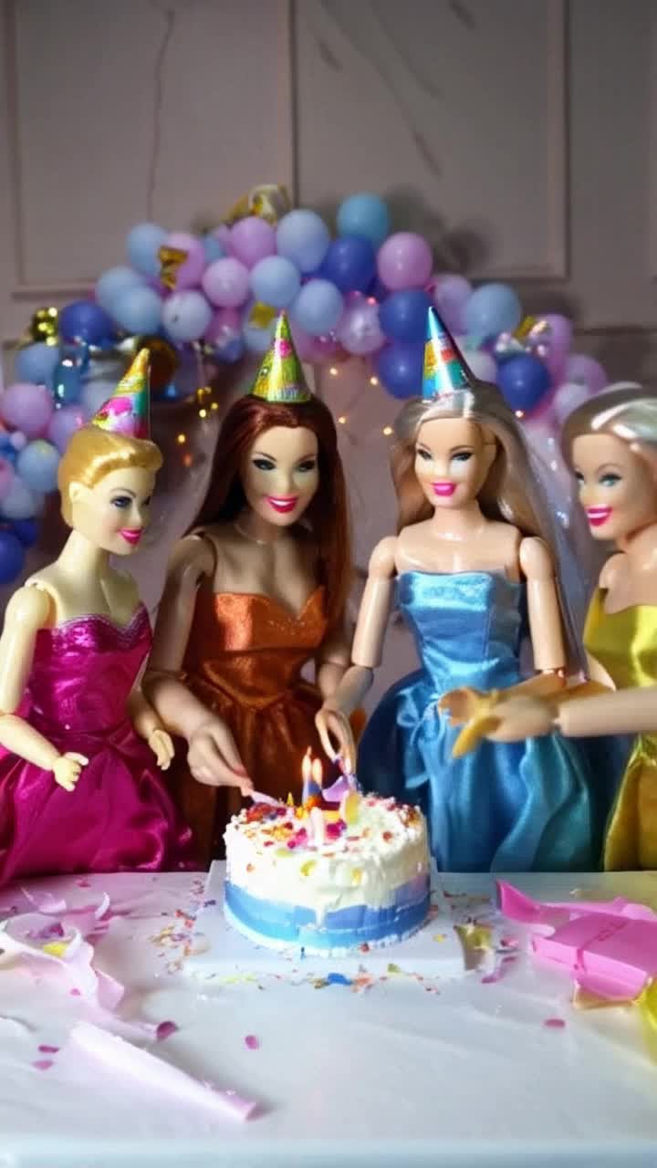 Colorful Barbie dolls adorned in vibrant party dresses gather around a dazzling birthday cake filled with sparkling candles They cheer and laugh joyfully while reaching out to slice the cake with glittering plastic utensils Balloons float above the scene in bright pastels and confetti rains down, creating a festive atmosphere A whimsical backdrop features a decorated party table topped with sparkling streamers and cheerful party hats Magical fairy lights twinkle softly, enhancing the enchanting celebration