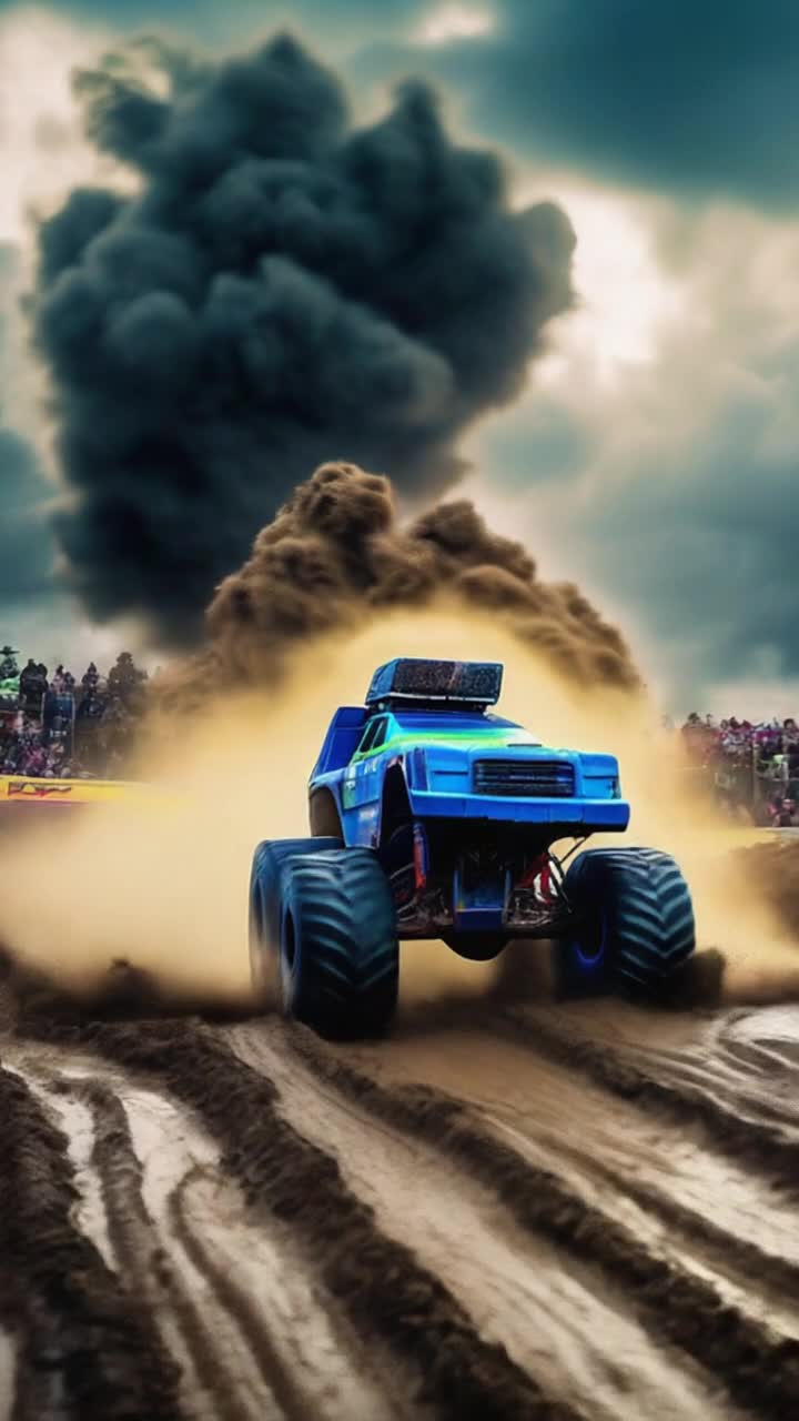 Majestic black blue neon green bulldozer monster truck Thunderous engine growls tires grip slick muddy terrain Launches off a massive mound soaring elegantly through turbulent skies Flips end over end brilliant colors flashing against swirling clouds Mud splashes erupting in every direction Surrounded by a chaotic muddy racetrack lined with enthusiastic spectators Hands raised in excitement faces lit with joy Adrenaline surging through the electrifying atmosphere as cheers echo filling the air