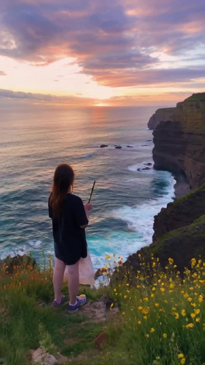 Young artist standing at cliff’s edge gazing into swirling colors of vibrant abyss gripping brush tightly heart racing with anticipation preparing to leap into unknown depths below surrounded by wildflowers swaying gently in the breeze sunlight glinting off distant ocean waves sky painted in hues of orange and purple as day turns to twilight dreams swirling like colorful clouds beckoning her to dive into endless possibilities