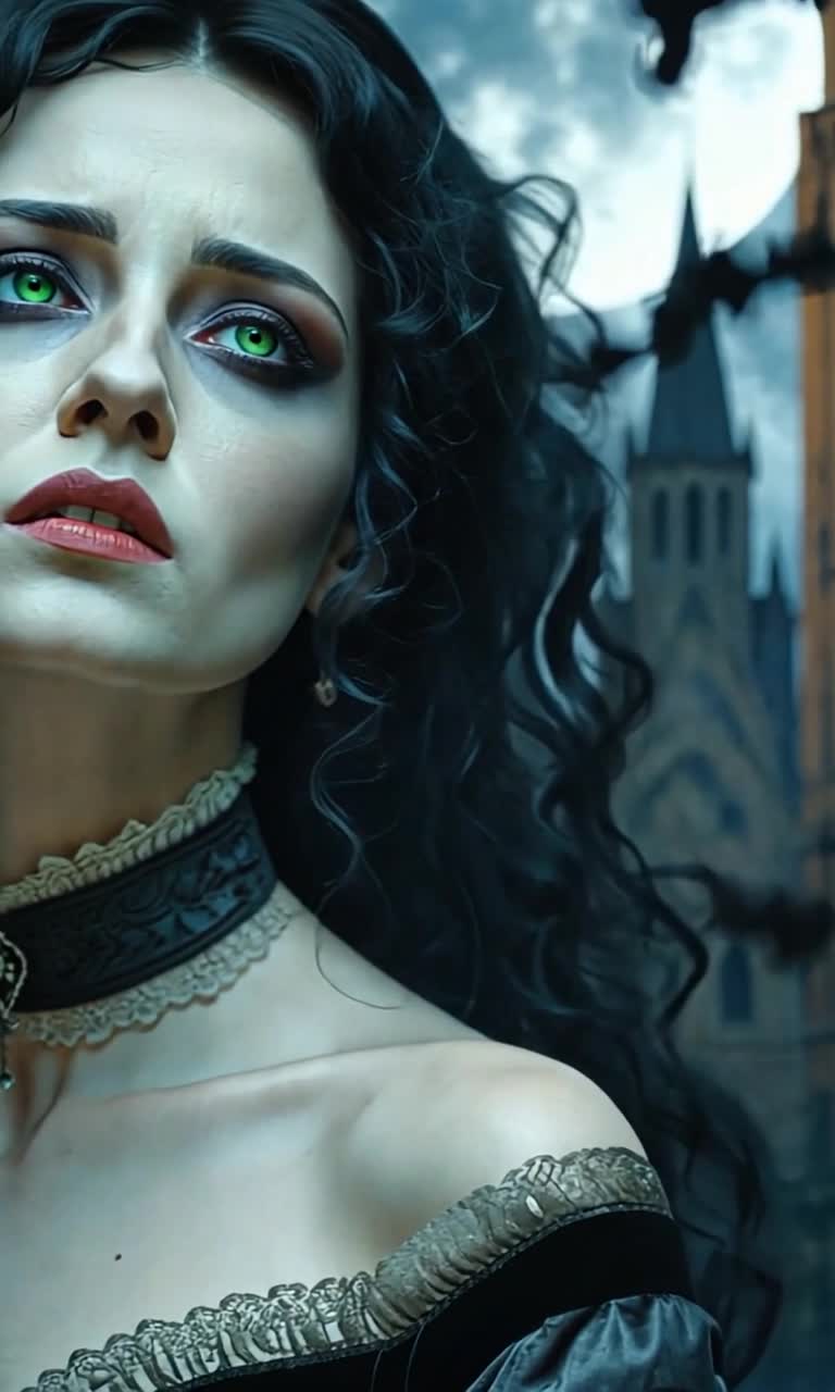 Woman with cascading black hair adorned in gothic attire pours her heart into a haunting melody Voice echoes powerfully like thunder resonating through a desolate forest Shadows dance around her as dark clouds swirl overhead Moonlight breaks through the branches illuminating her somber expression Eerie whispers carried by the wind enhance the atmosphere, creating an otherworldly vibe Mist rolls in from hidden depths, cloaking the scene in mystery Spectacular gothic architecture looms in the background, towering spires piercing the night sky Enchanting yet mournful energy envelops every note as she captivates unseen spirits