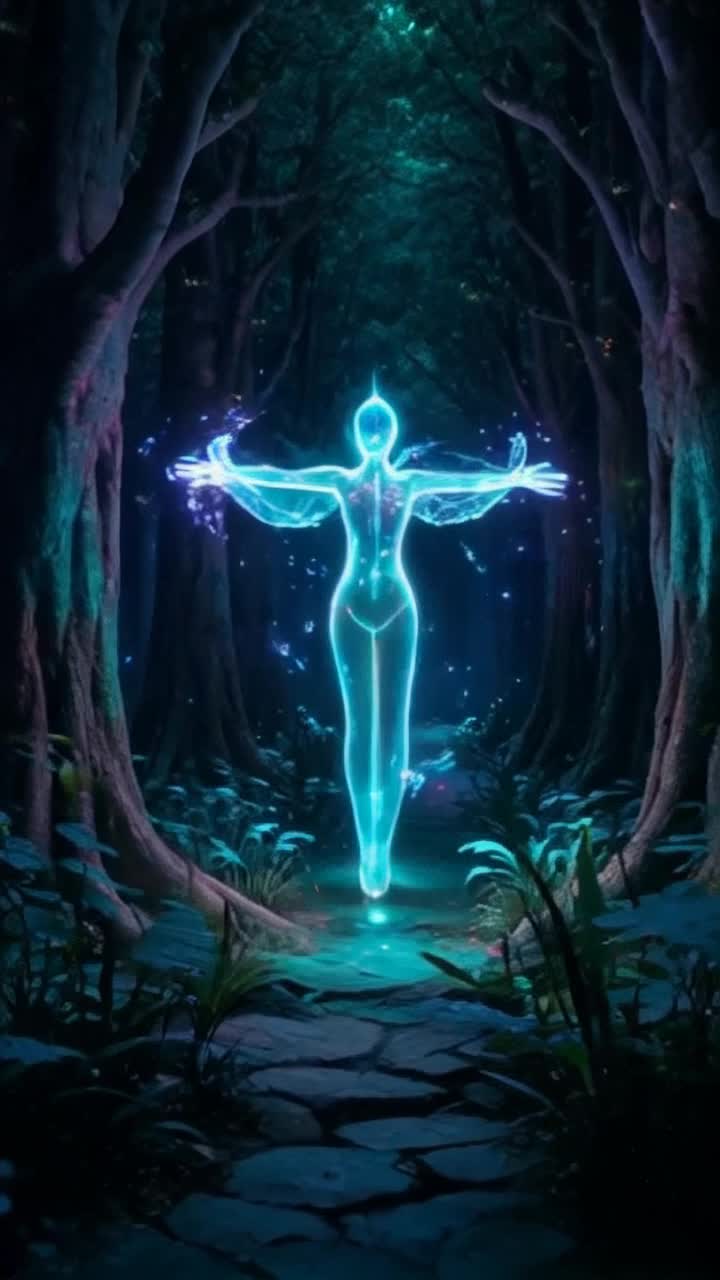 Glowing figure radiating ethereal light extends delicate arms vibrant energy flows around illuminating enchanted forest sparkling with bioluminescent plants mystical creatures darting between ancient trees surreal colors blend creating a dreamlike atmosphere magical particles dance in the air shrouded in twilight hues enchanting whispers of the wind carry ancient secrets
