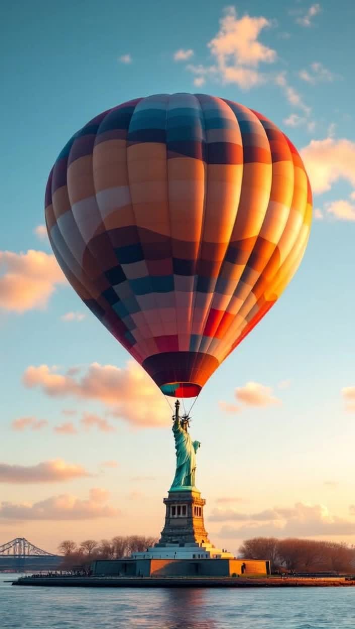 Hit air balloon floats over the statue of liberty 