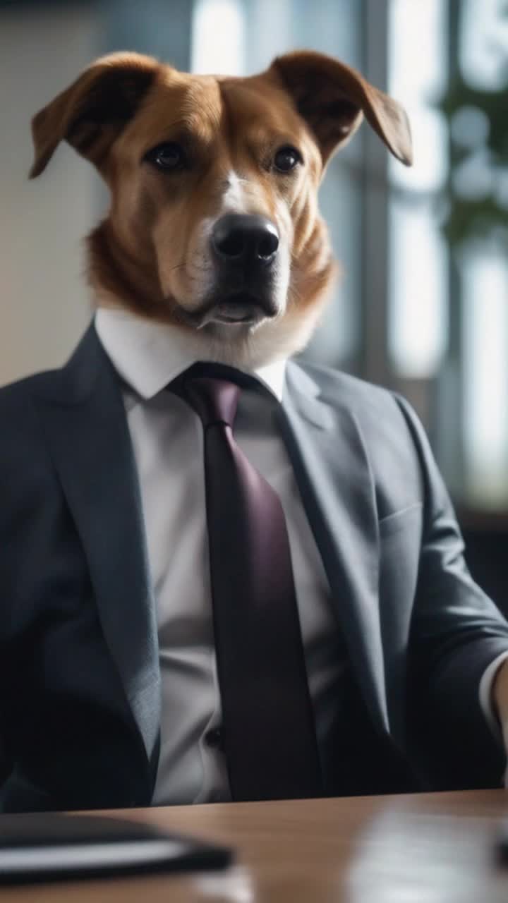 The dog is wearing a suit and tie to a business meeting 
