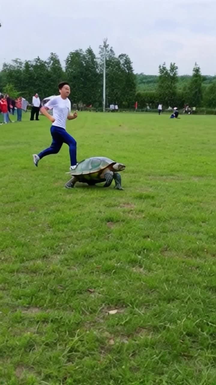 person racing a turtle