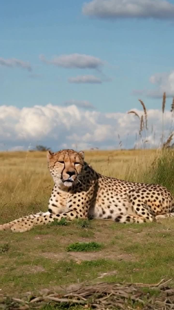 Fluffy cheetah lounging lazily in golden savannah grasslands Eyes squinting playfully as it squats in a humorous position Warm sunlight casting soft shadows around its spotted fur A gentle breeze rustling through tall grass nearby Colorful birds flitting overhead creating a lively atmosphere Bright blue sky dotted with fluffy clouds enhancing the serene scene