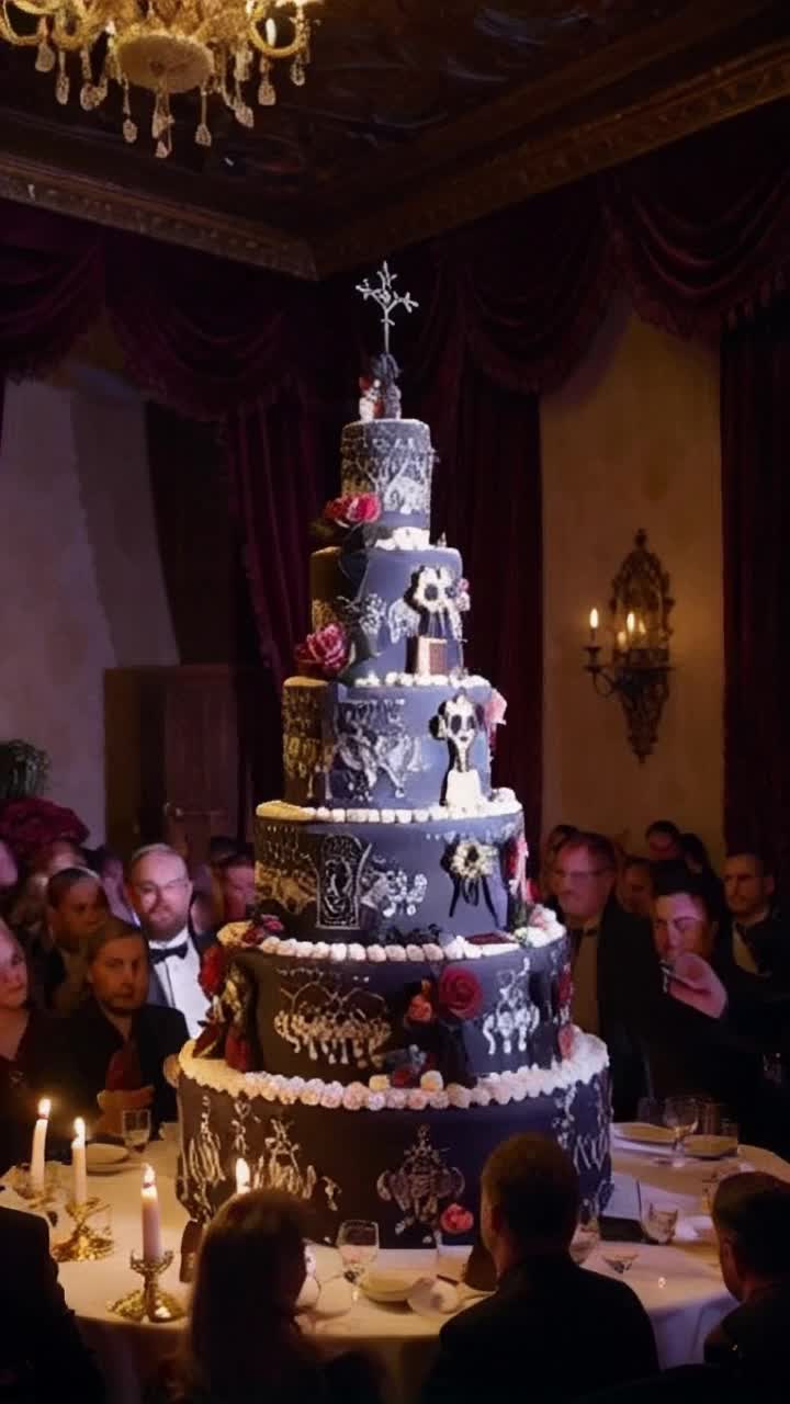 Lavish multitiered Transylvania wedding cake adorned with intricate dark gothic designs shimmering sugar skulls and delicate roses balancing precariously atop a grand table Guests in elegant attire with wide eyes gripping shiny forks and ornate dessert plates brimming with anticipation Candlelight flickering casting dancing shadows over the scene as tension builds in the air Opulent banquet hall filled with rich velvet drapes deep burgundy and gold accents creating a dramatic atmosphere Whispering conversations merge with gasps as everyone holds their breath awaiting the inevitable slice of delectable cake to descend onto their plates from a toppling mess of cake 