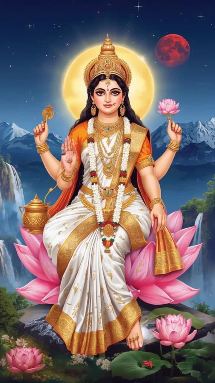 Make cinematic style video as goddess Lakshmi smiling gently, hairs swaying, moving hands gently, flower moving, create video with cinematic style Camera movements