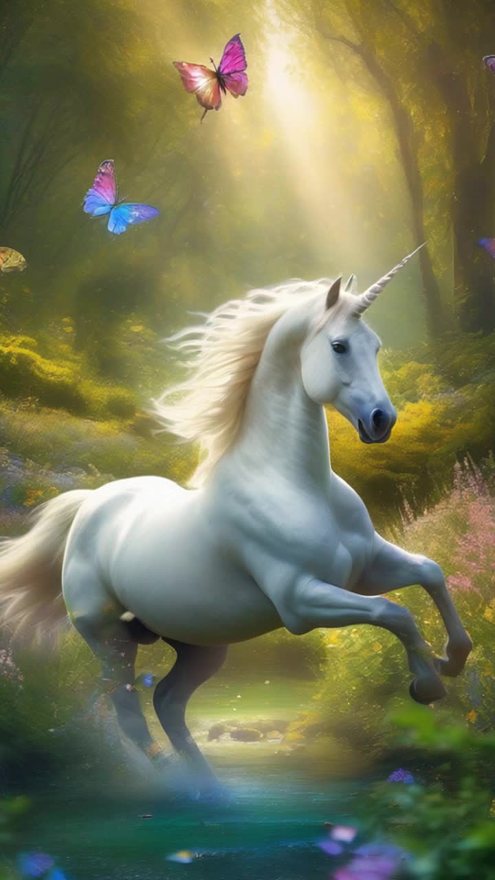 Majestic unicorn glimmering with a radiant white coat spiraling golden horn gracefully trots among a sea of vibrant wildflowers Softly strides through an enchanting forest bathed in warm golden sunlight streaming through lush emerald leaves Ethereal creatures curiously peek from behind timeworn trees while a kaleidoscope of colorful butterflies flutters around A gentle stream babbles nearby mirroring the radiant hues of nature creating a magical serene atmosphere