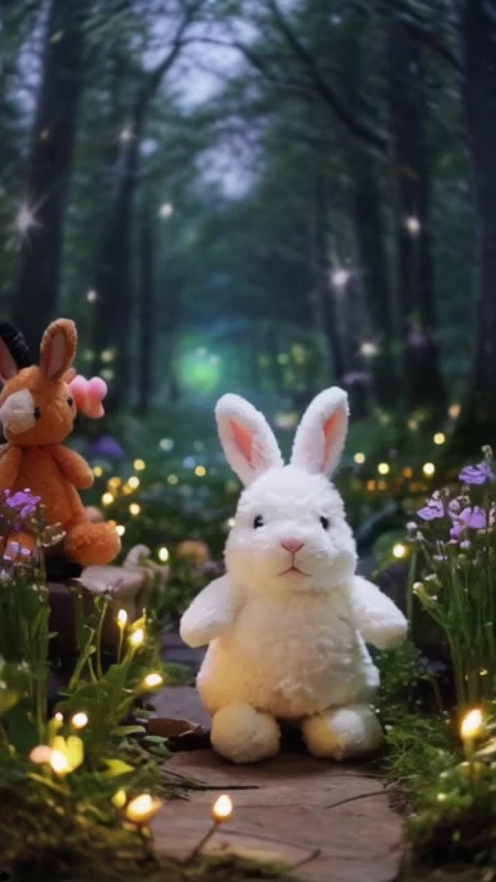Plushy rabbit eagerly bouncing forward surrounded by a whimsical gathering of vibrant plush friends filled with curiosity Rallying its companions in a playful dance exploring a magical forest illuminated by glowing flowers and twinkling fireflies soft melodies drifting through the air enchanting every step as they venture deeper into the unknown vibrant colors bursting around them surprises awaiting at every turn
