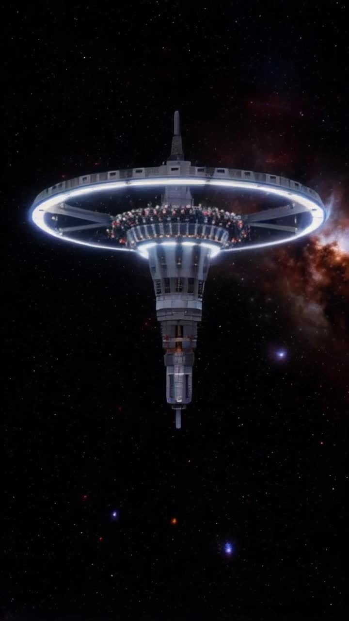 Colossal barbell shaped space station gleaming in deep space symmetrical saucer sections illuminated with brilliant light grey and white futuristic infrastructure housing one billion space marines gliding gracefully Action sparkles of light reflecting against smooth sleek surface Background vast galactic void filled with distant star clusters shimmering like diamonds and colorful nebulas swirling gently in the cosmic darkness creating a breathtaking celestial tapestry