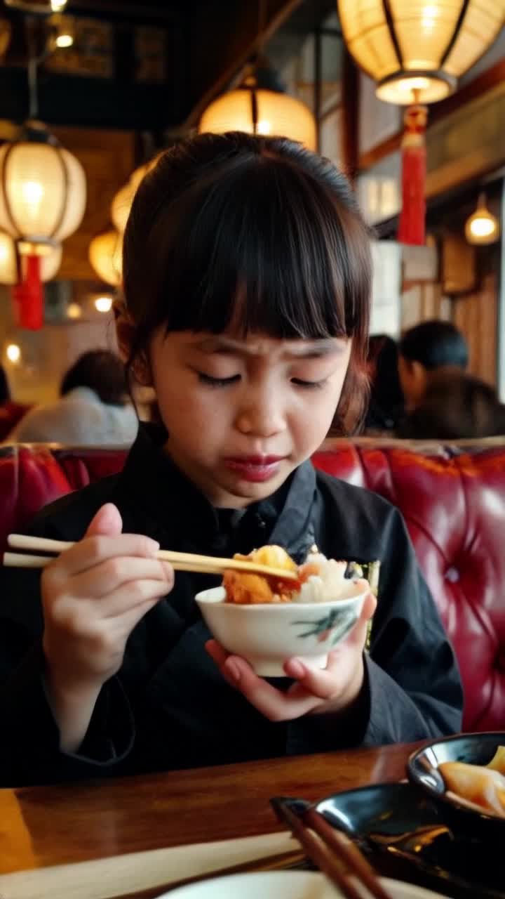 Japanese girl with expressive eyes tears streaming down her cheeks delicately grasping steaming dim sum with chopsticks savoring each bite savoring flavors bursting with nostalgia Inside a cozy bustling dim sum restaurant adorned with vibrant lanterns and intricate woodwork warm light casting gentle shadows on velvet cushions eager patrons chatting animatedly in the background