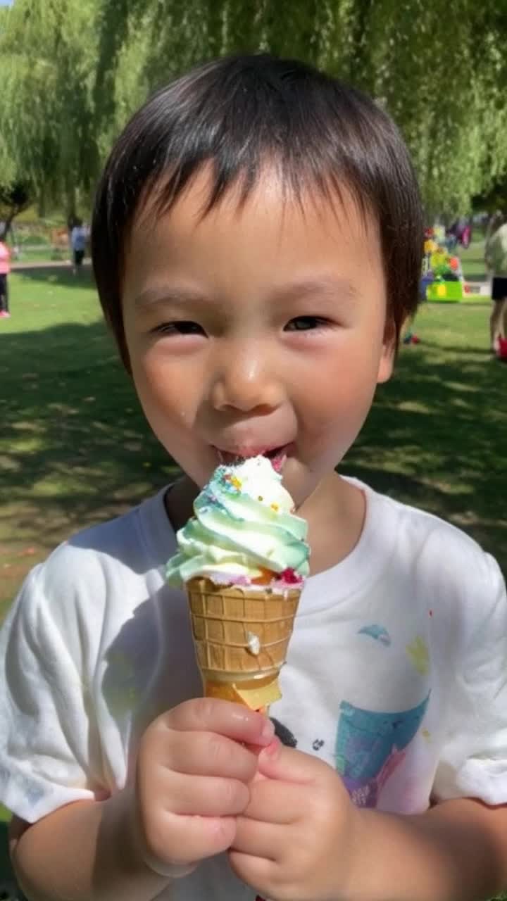 Child with bright sunkissed cheeks holding a vibrant fruity ice cream cone draped in colorful sprinkles and melting drips of sweetness cascading down smiling face with sparkling eyes and giggles erupting from joy savoring each delectable bite Golden sunlight filters through lush green trees casting playful shadows on the ground while laughter echoes in the background from nearby children playing joyfully in a sunlit park filled with blooming flowers and warm breezes whispering through the air creating a perfect summer day alive with happiness and indulgence