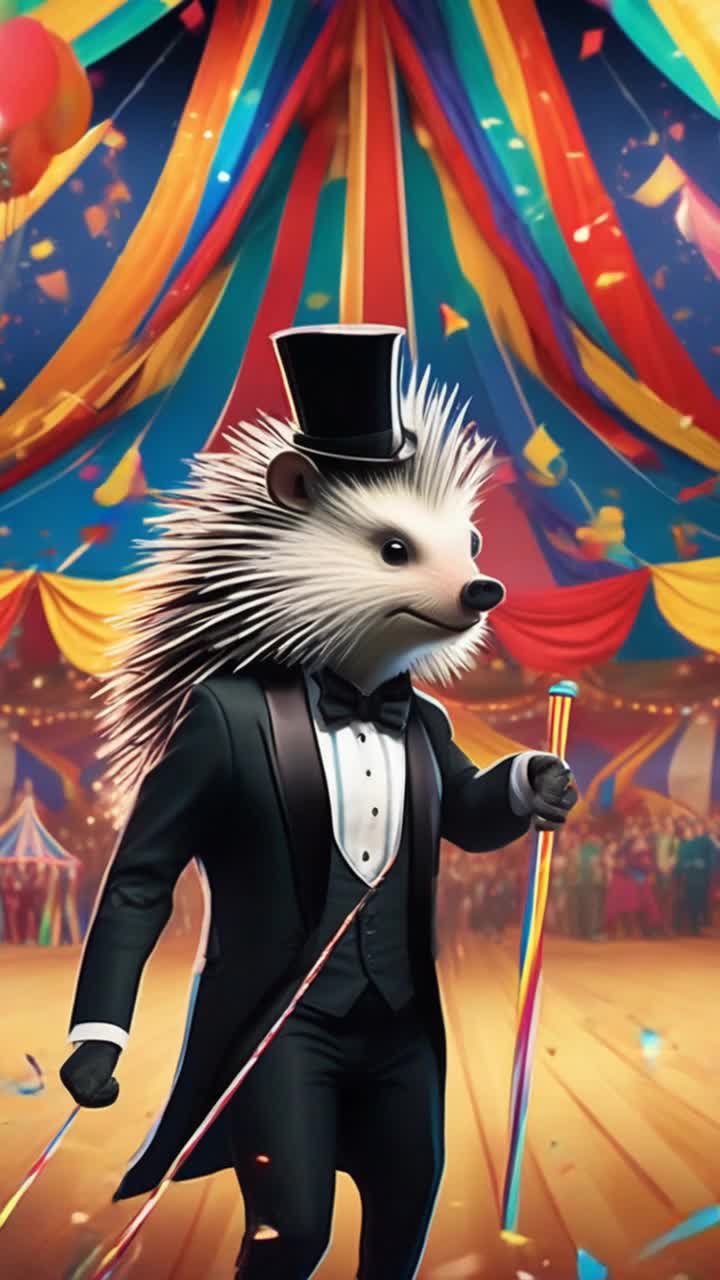 Dapper anthropomorphic porcupine in elegant black tuxedo strutting confidently while twirling a stylish walking stick Vibrant Big Top circus tent looms majestically above with colorful stripes and fluttering flags bright confetti spirals through the air reflecting sunlight creating a lively festive atmosphere, people are in awe